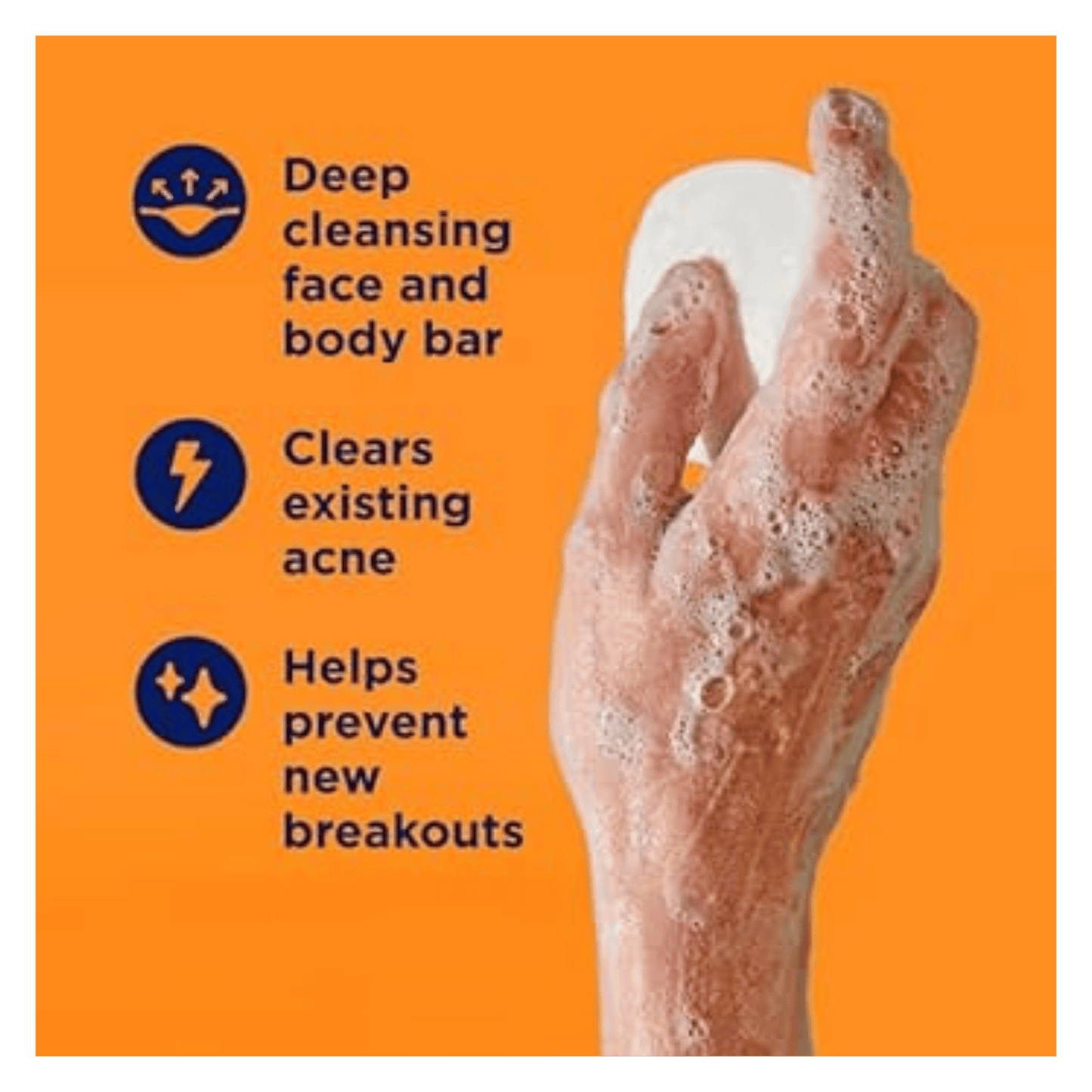 Hand with soap and text about deep cleansing face and body bar, clearing acne