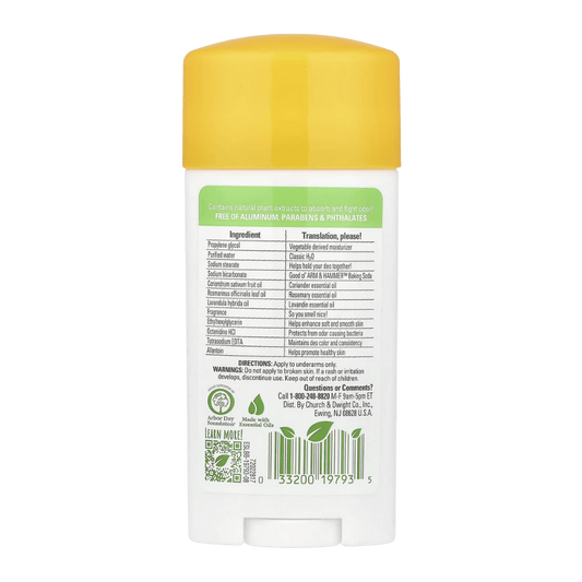 Back view of a white deodorant stick with a yellow cap on a white background