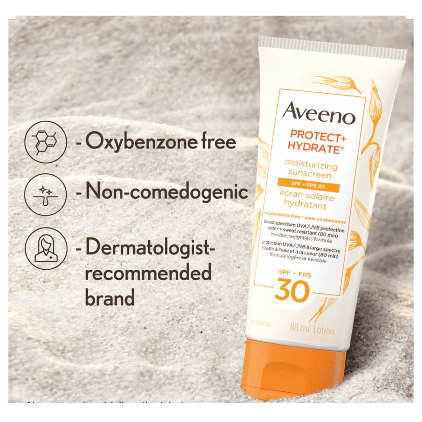 Aveeno sunscreen tube with product features