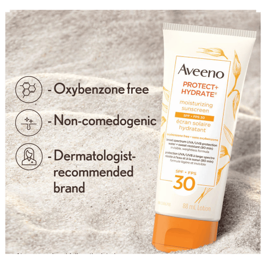 Aveeno sunscreen tube with product features