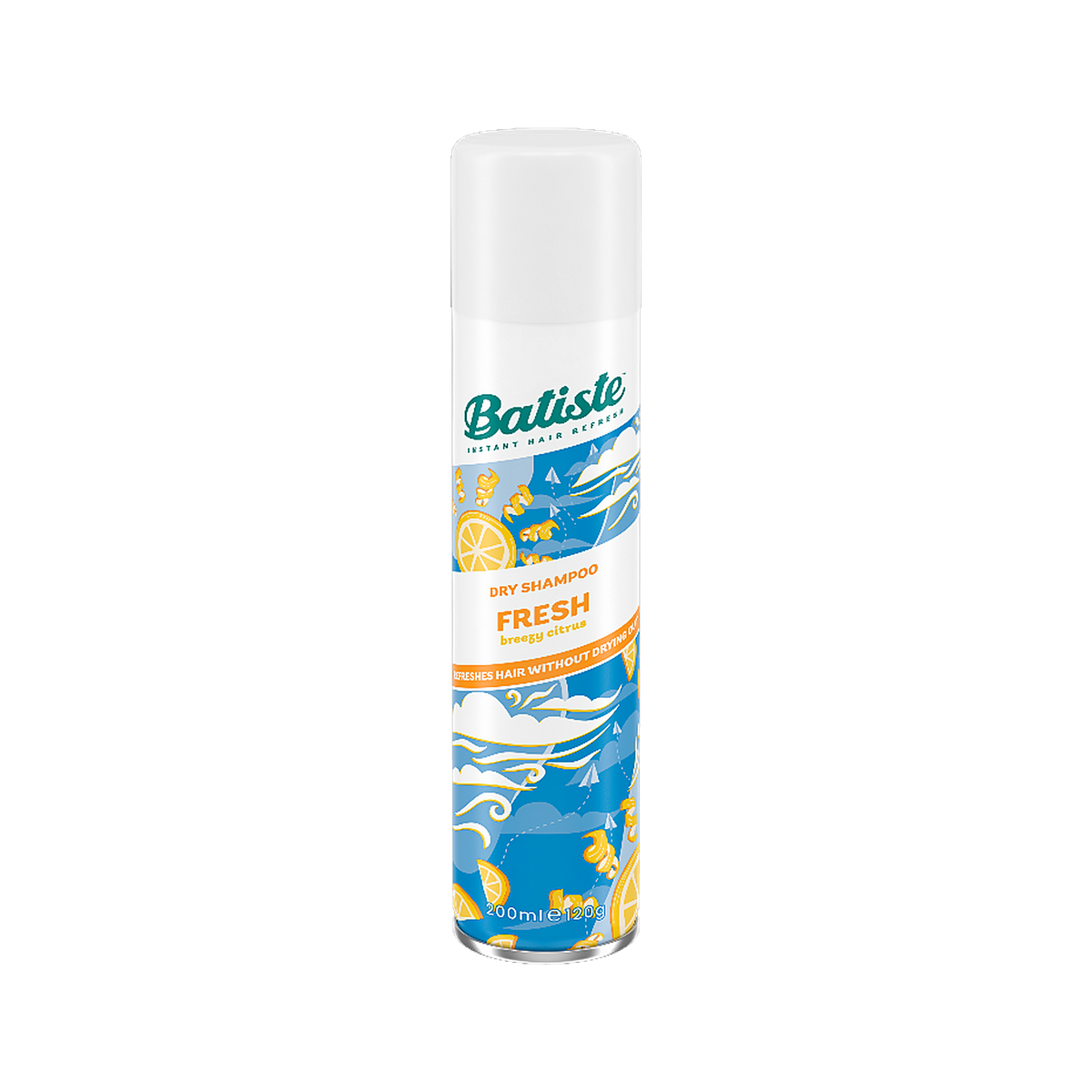 Batiste Dry Shampoo Fresh breezy citrus spray can on transparent background
