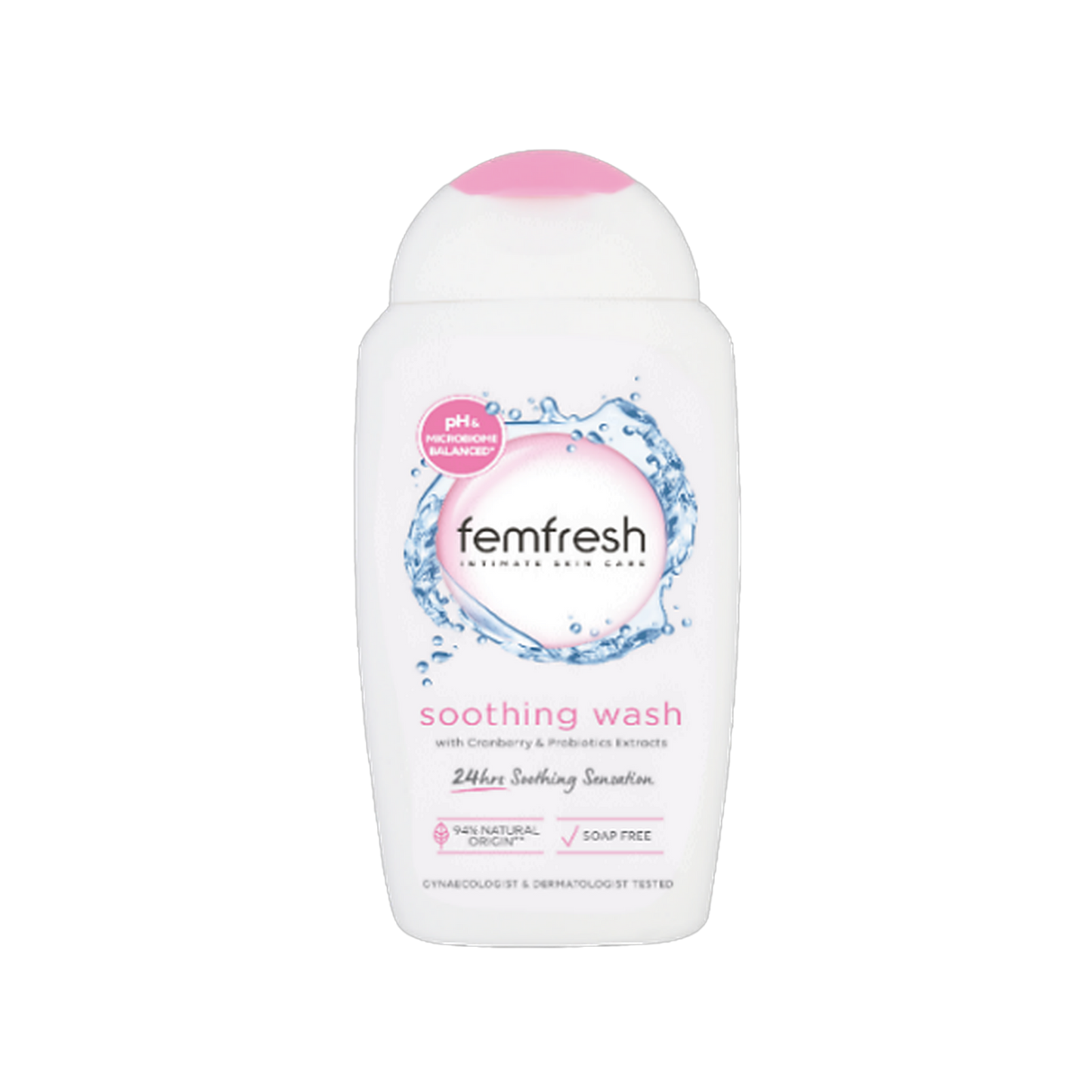 Femfresh Soothing Wash intimate wash bottle with cranberry and probiotics on transparent background