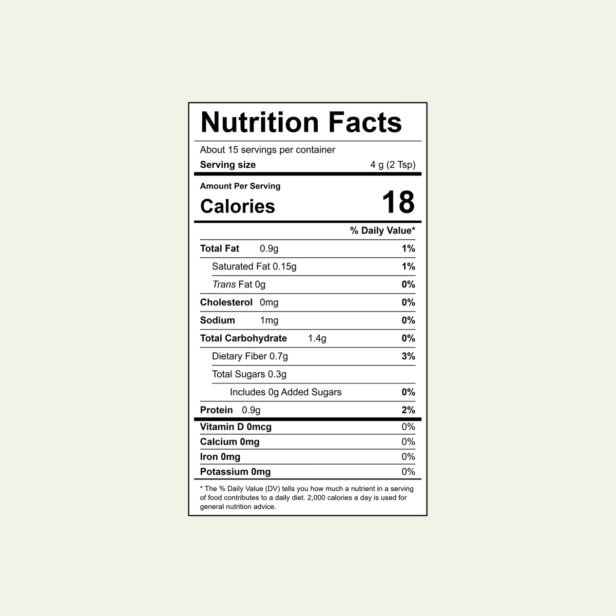 Nutrition facts for More Superfoods Pistachio Matcha Latte 18 calories per serving