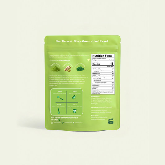 More Superfoods Pistachio Matcha pouch back with ingredients and nutrition label