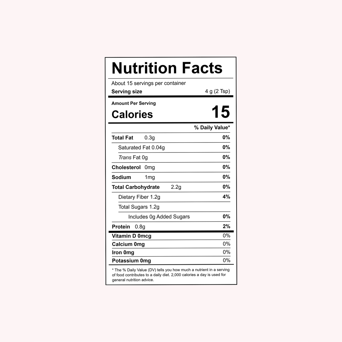 Nutrition facts for More Superfoods Strawberry Matcha Latte 15 calories per serving