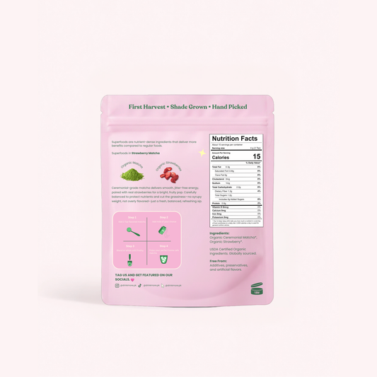 More Superfoods Strawberry Matcha pouch back with ingredients and nutrition label