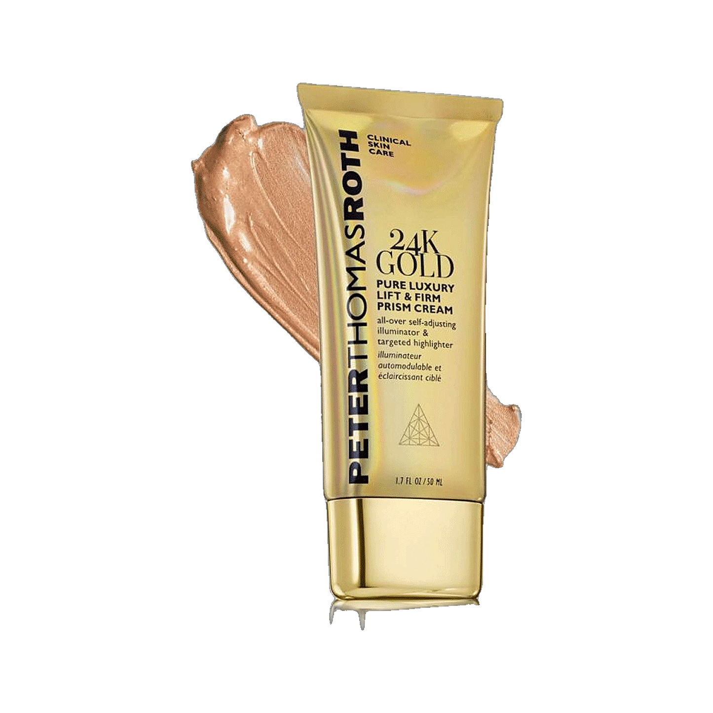 Peter Thomas Roth 24K Gold Pure Luxury Lift and Firm Prism Cream with swatch on transparent background