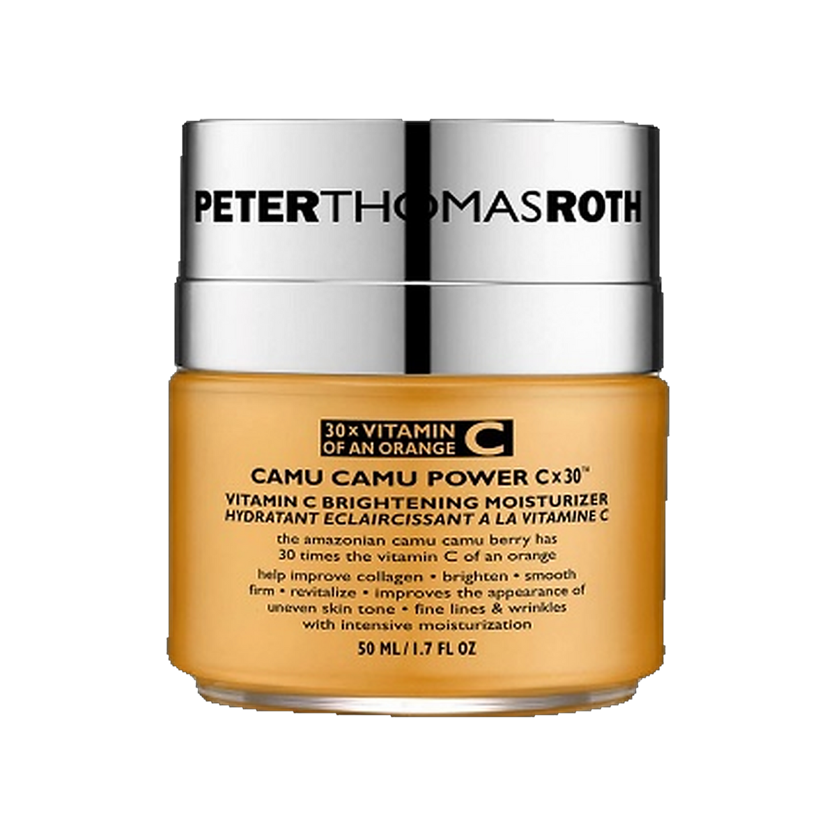 Peter Thomas Roth Camu Camu Power V-C Brightening Moisturizer jar on transparent background