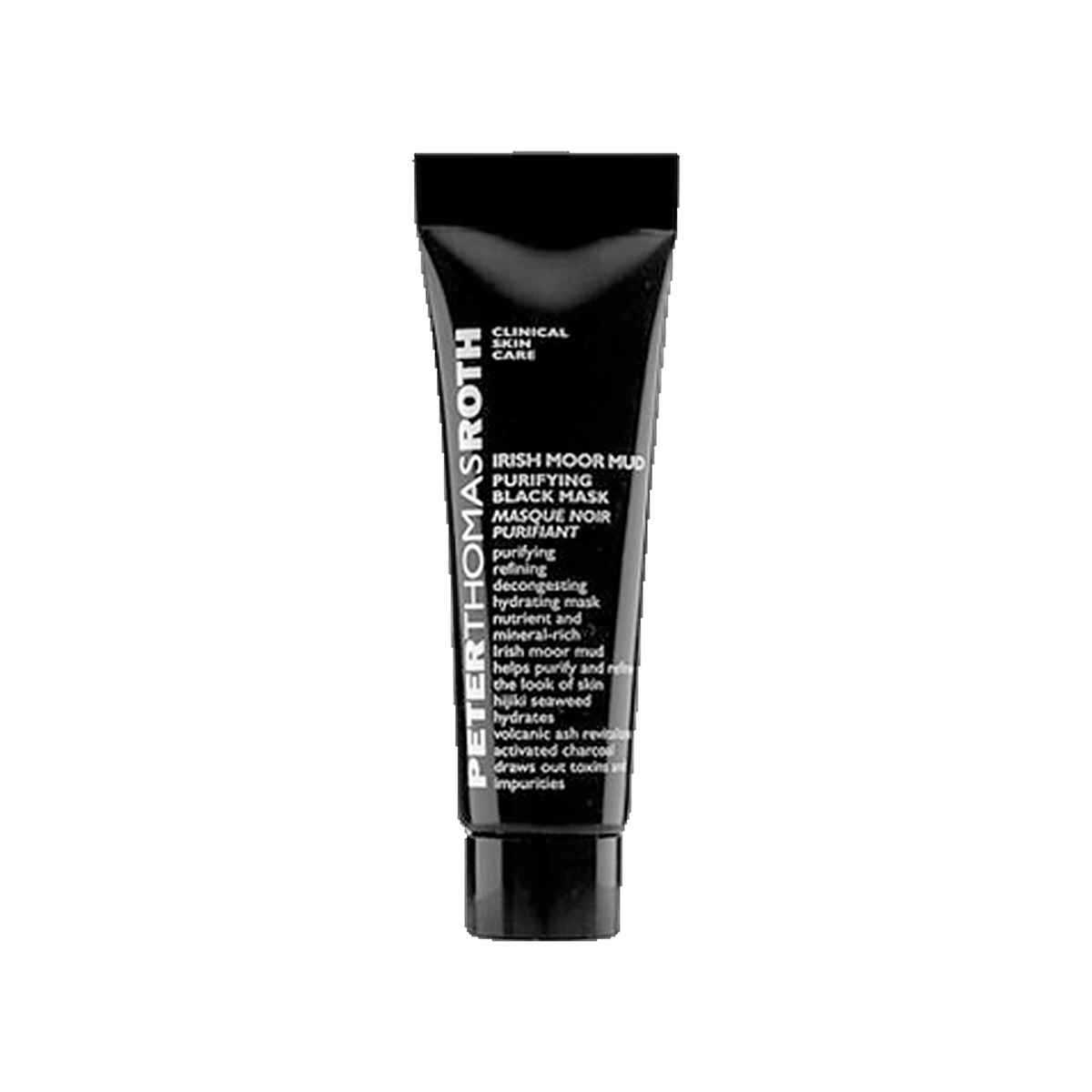 Peter Thomas Roth Irish Moor Mud Purifying Black Mask travel size tube on white background
