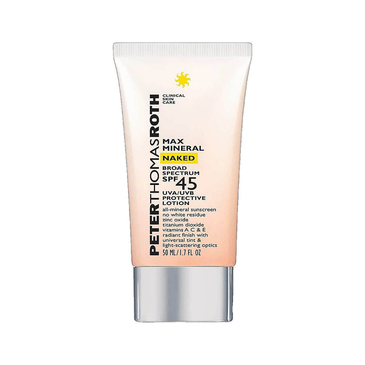Peter Thomas Roth Max Mineral Naked Broad Spectrum SPF 45 tube on transparent background