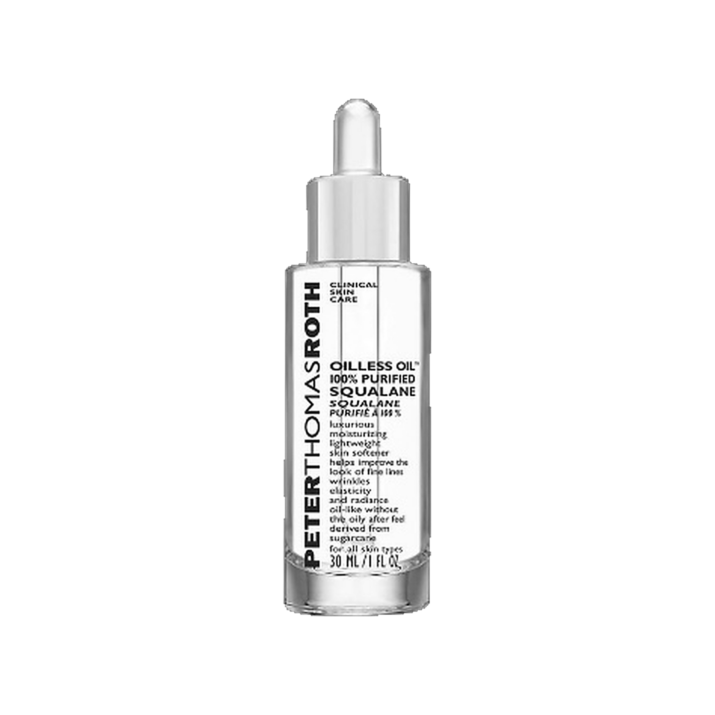 Peter Thomas Roth Oilless Oil 100 Percent Purified Squalane dropper bottle on transparent background