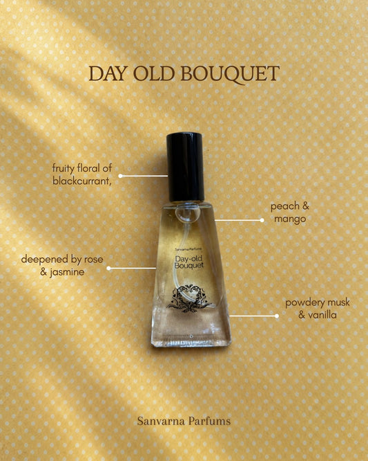 Sanvarna Day Old Bouquet eau de parfum fragrance notes, rose, peach and powdery musk