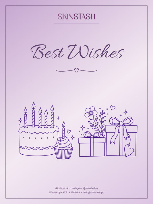 Skinstash Best Wishes greeting card with birthday cake and gift box illustration in purple