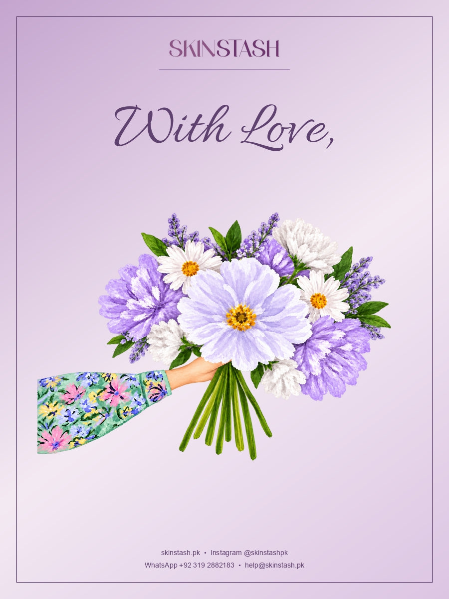 Skinstash With Love greeting card with purple and white flower bouquet illustration