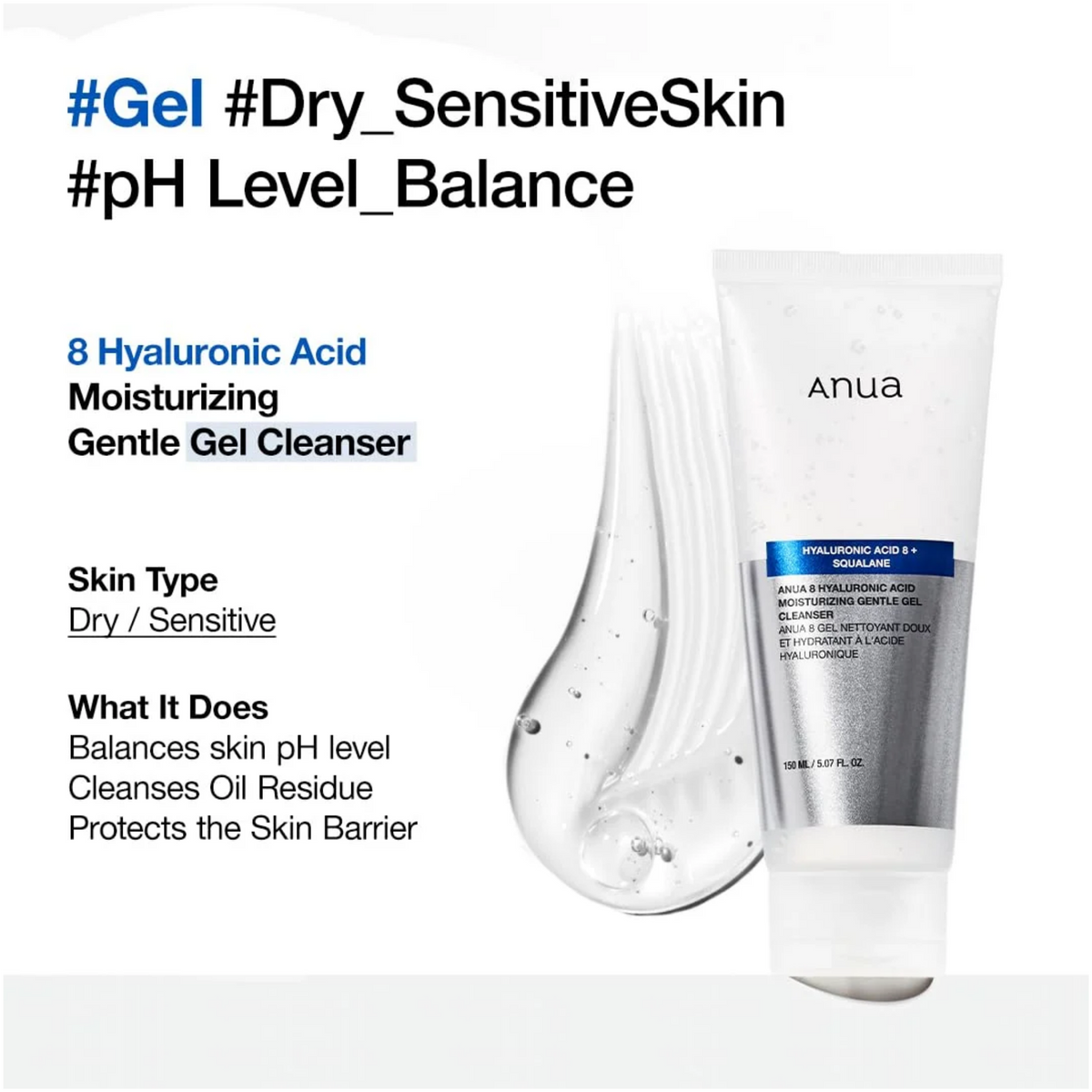 Impoted ANUA - 8 Hyaluronic Acid Moisturizing Gentle Gel Cleanser - 150ml