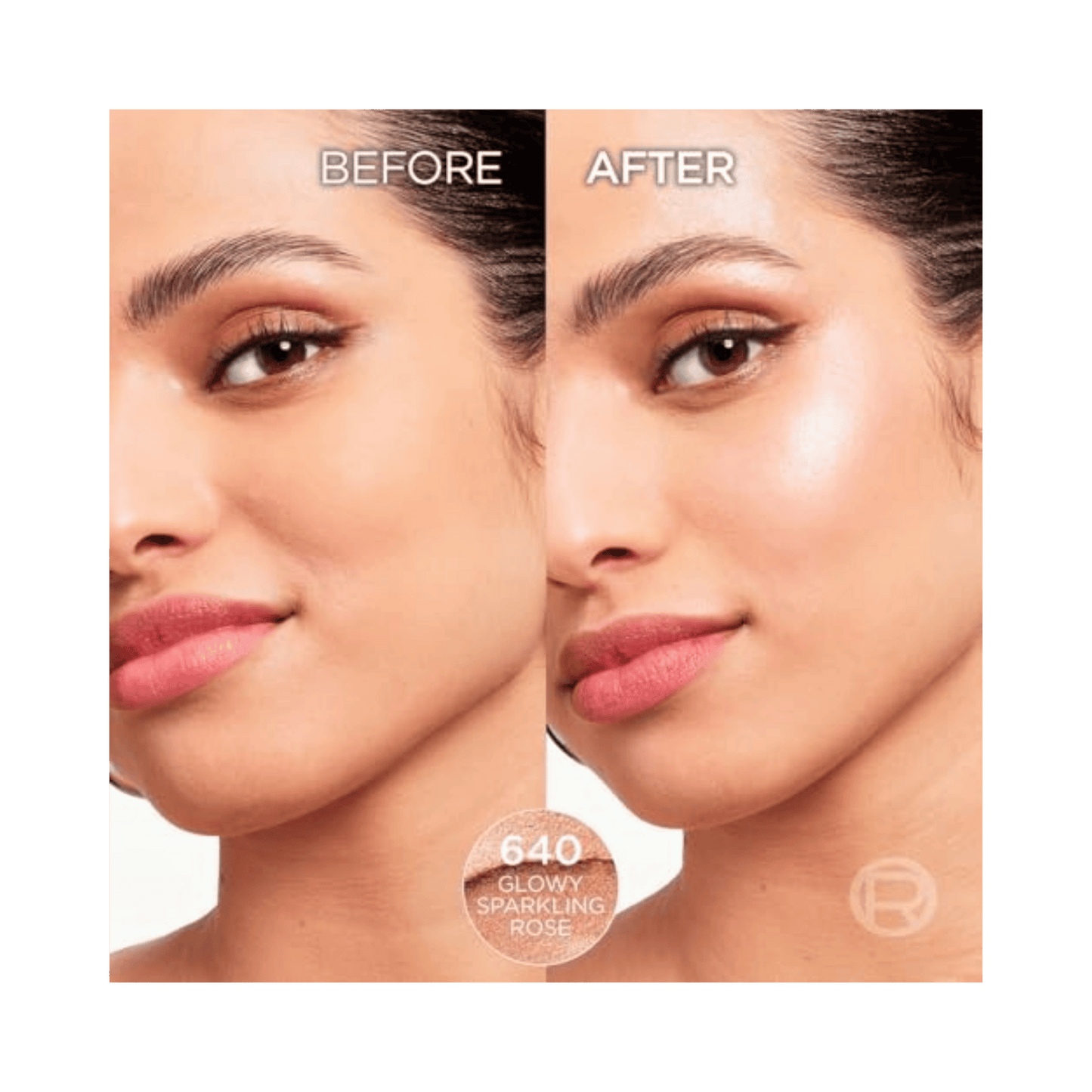 Before and after comparison of a woman's face with a showing a cosmetic product effect.