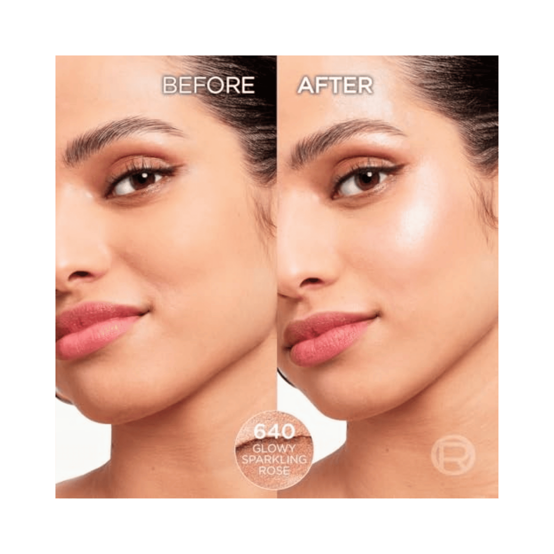 Before and after comparison of a woman's face with a showing a cosmetic product effect.