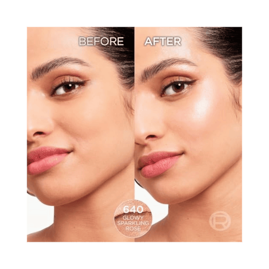 Before and after comparison of a woman's face with a showing a cosmetic product effect.