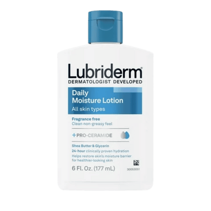 Lubriderm Daily Moisture Lotion + Pro-Ceramide (177ml) – Hydrating body lotion with pro-ceramide to strengthen the skin barrier, provide long-lasting moisture, and keep skin soft and healthy – Available at Skinstash.pk