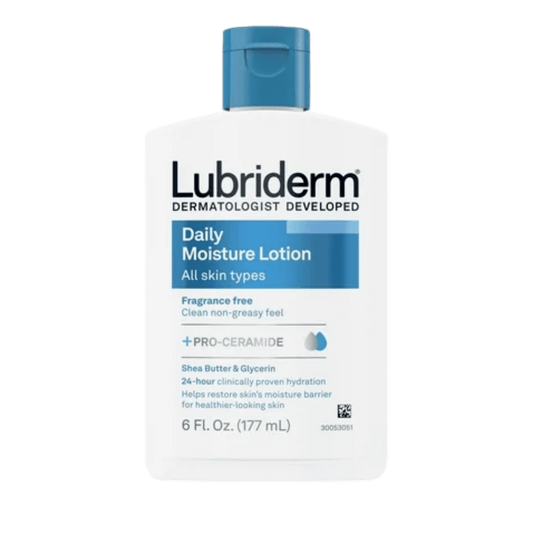 Lubriderm Daily Moisture Lotion + Pro-Ceramide (177ml) – Hydrating body lotion with pro-ceramide to strengthen the skin barrier, provide long-lasting moisture, and keep skin soft and healthy – Available at Skinstash.pk