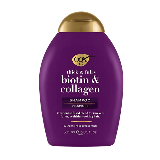 OGX Thick & Full + Biotin & Collagen Volumizing Shampoo 385ml – Boosts volume and thickness for fuller-looking hair Available at skinstash.pk