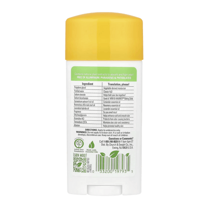 Back view of a white deodorant stick with a yellow cap on a white background