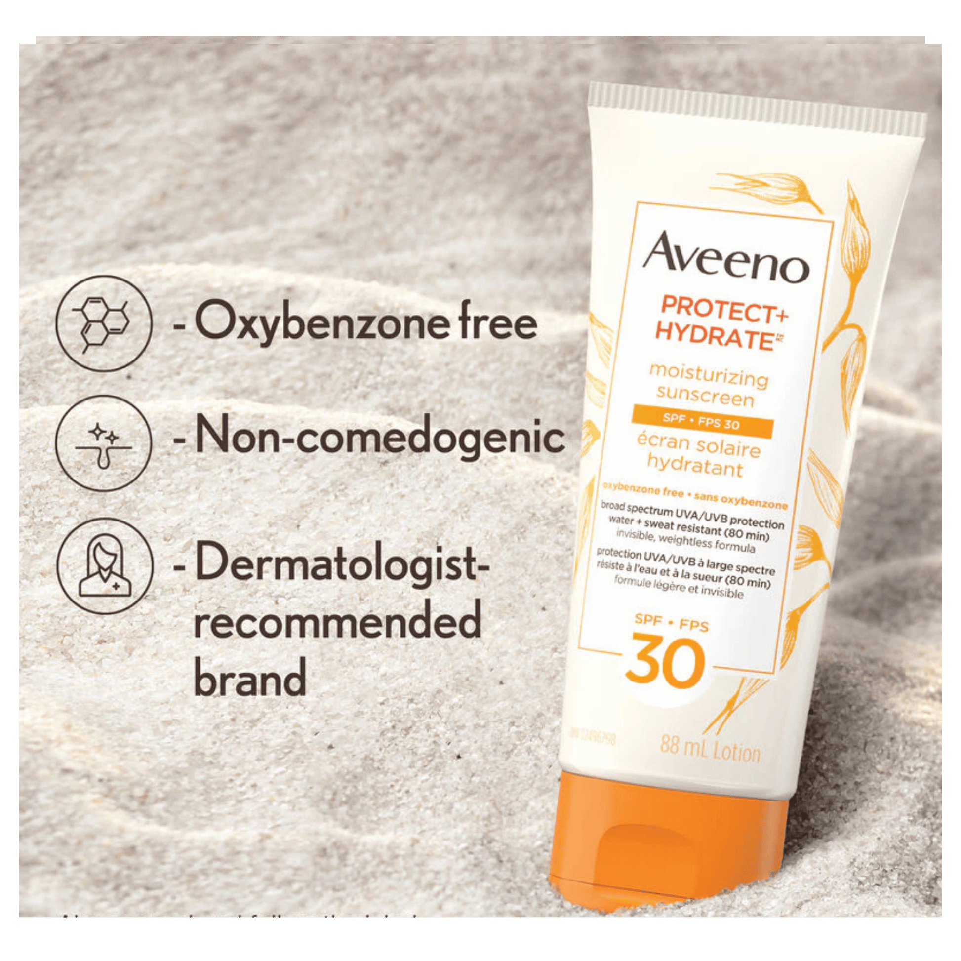 Aveeno sunscreen tube with product features