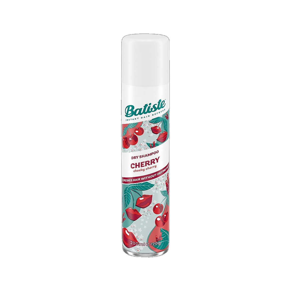 Batiste Dry Shampoo Cherry fruity scent spray can on transparent background