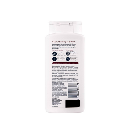 Back label of a CeraVe Soothing Body Wash bottle available at skintash.pk