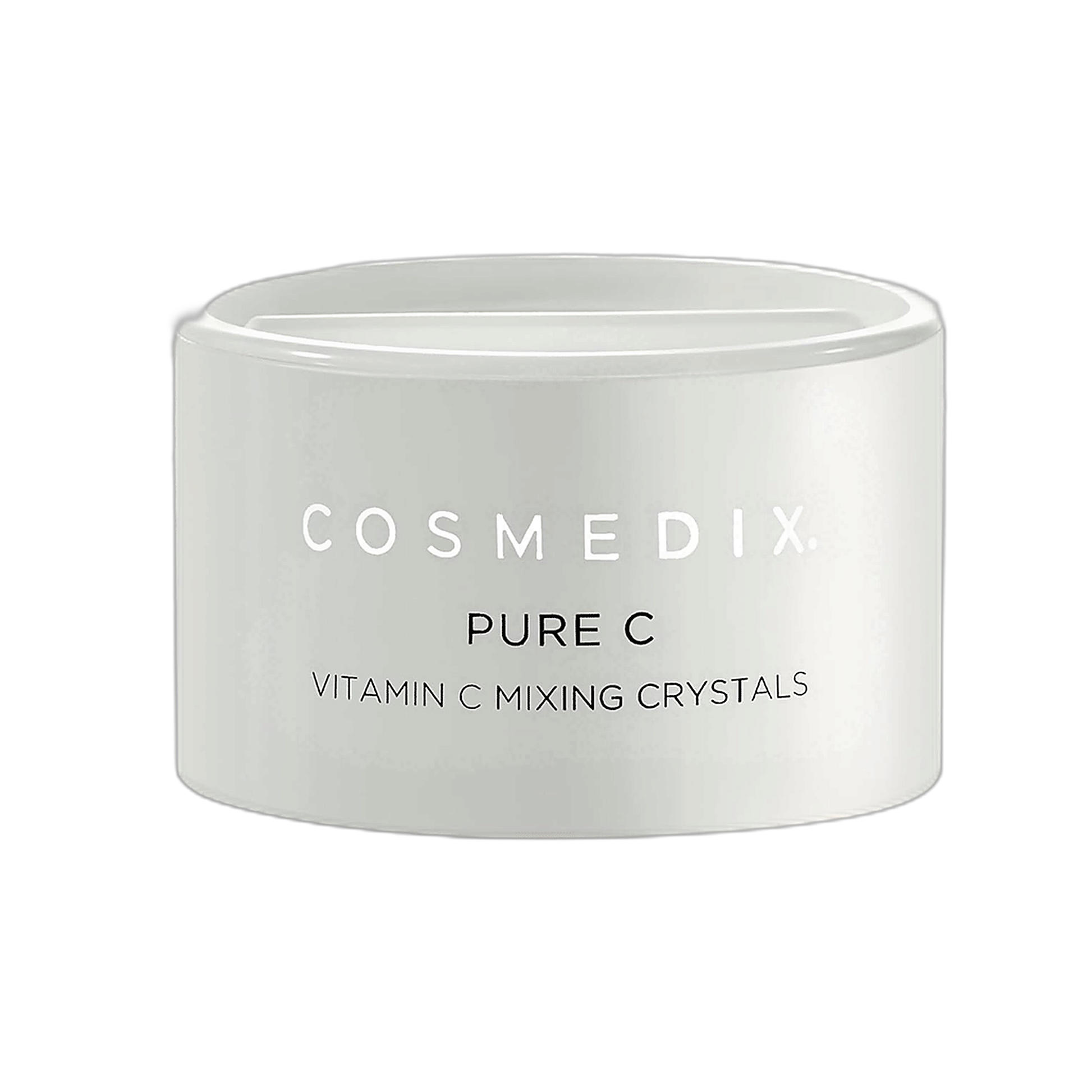 Cosmedix Pure C Vitamin C Mixing Crystals brightening powder jar on transparent background