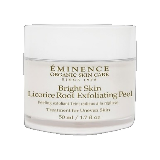 Eminence Bright Skin Licorice Root Exfoliating Peel bottle with pads on white background