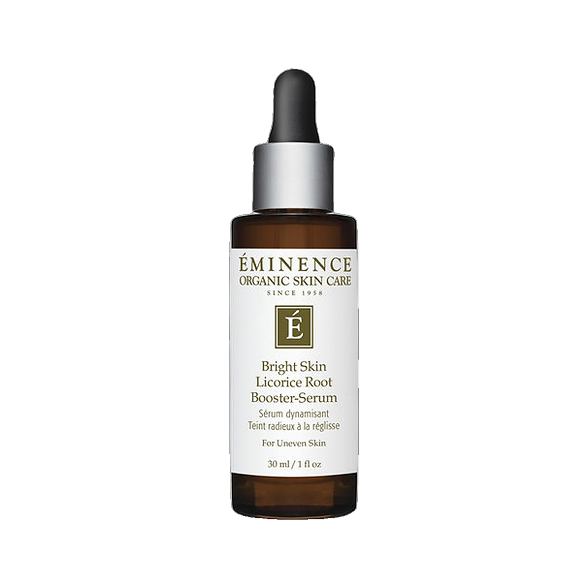 Eminence Bright Skin Licorice Root Booster Serum dropper bottle on white background