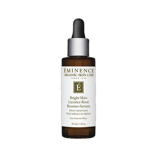 Eminence Bright Skin Licorice Root Booster Serum dropper bottle on white background