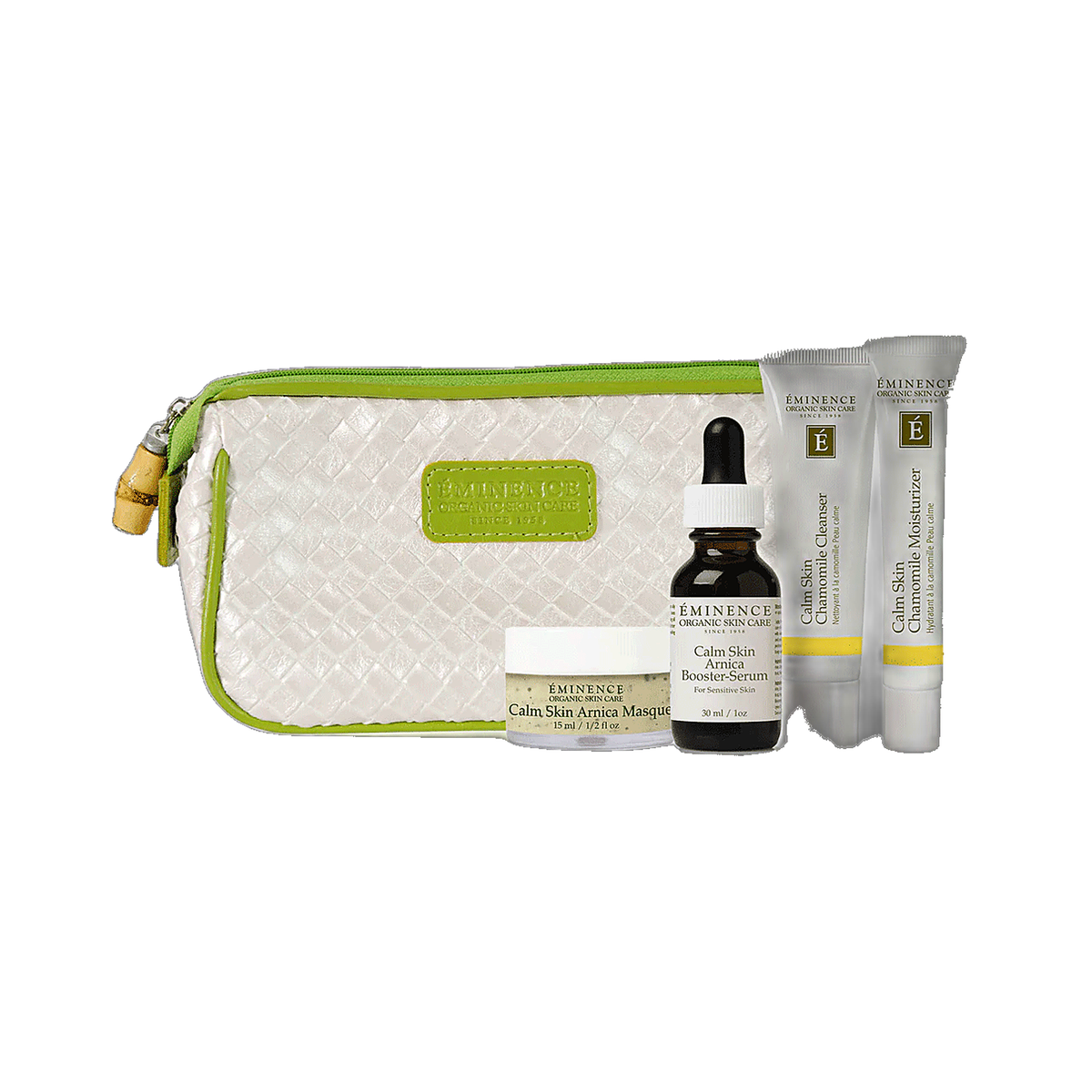 Eminence Calm Skin Starter Set with pouch on white background