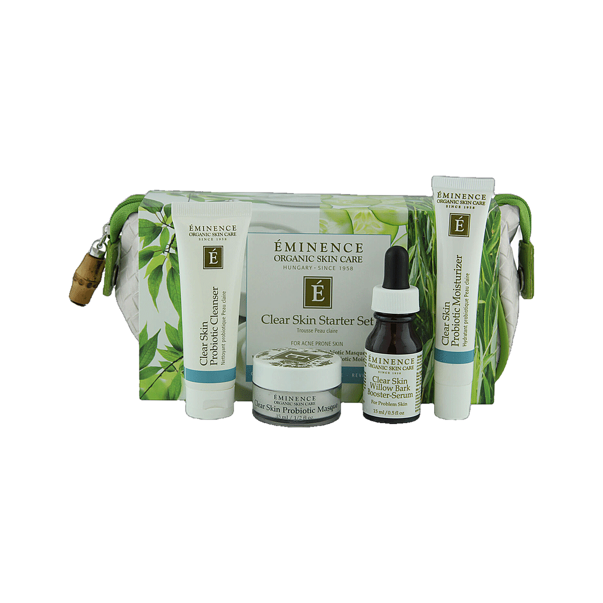 Eminence Clear Skin Starter Set with pouch on white background