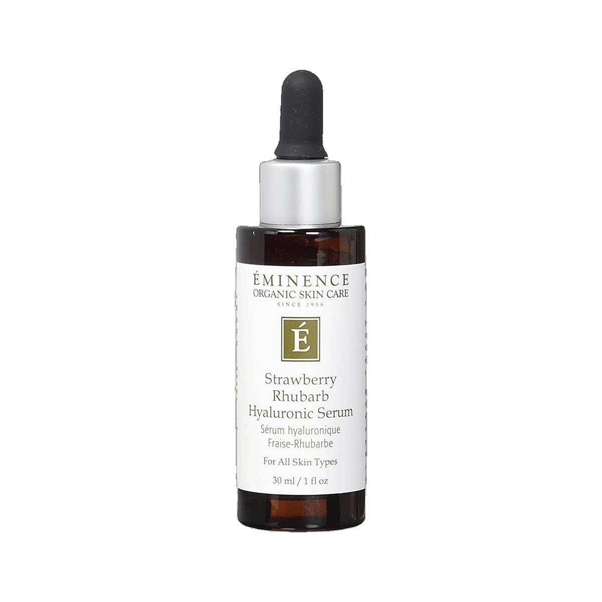 Eminence Strawberry Rhubarb Hyaluronic Serum bottle on white background