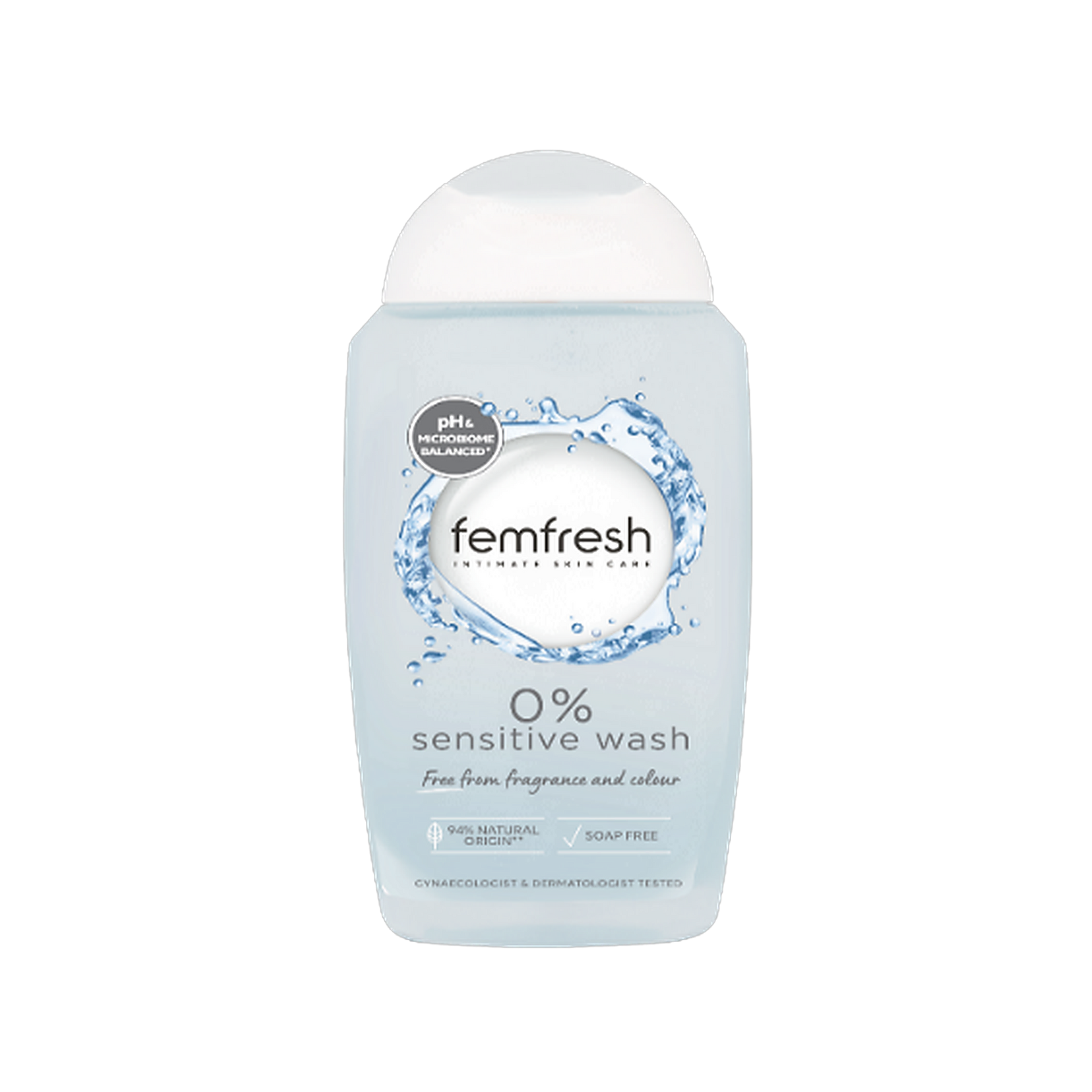 Femfresh 0% Sensitive Wash fragrance free intimate wash bottle on transparent background