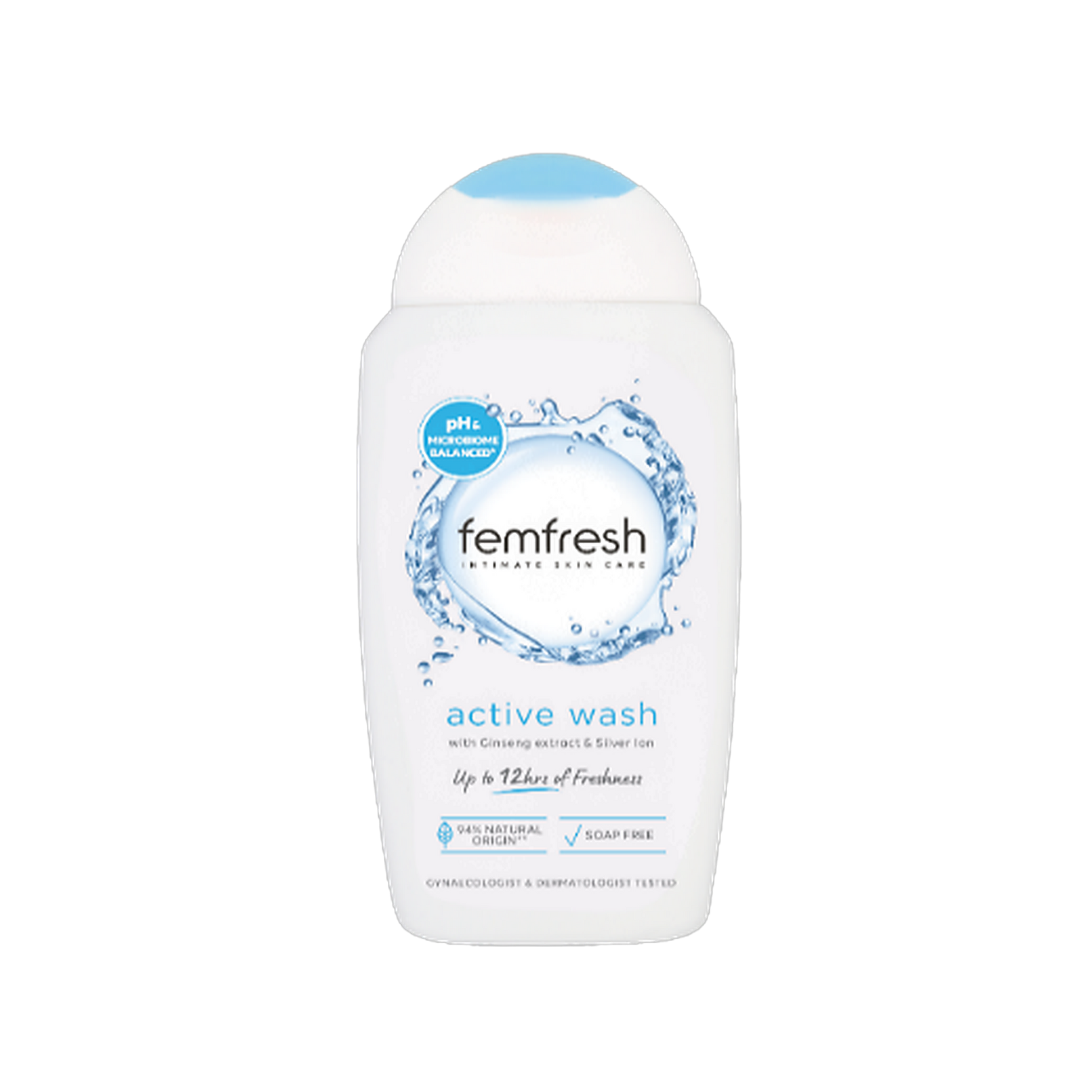 Femfresh Active Wash intimate wash bottle with ginseng and silver ions on transparent background