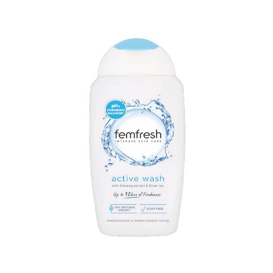 Femfresh Active Wash intimate wash bottle with ginseng and silver ions on transparent background