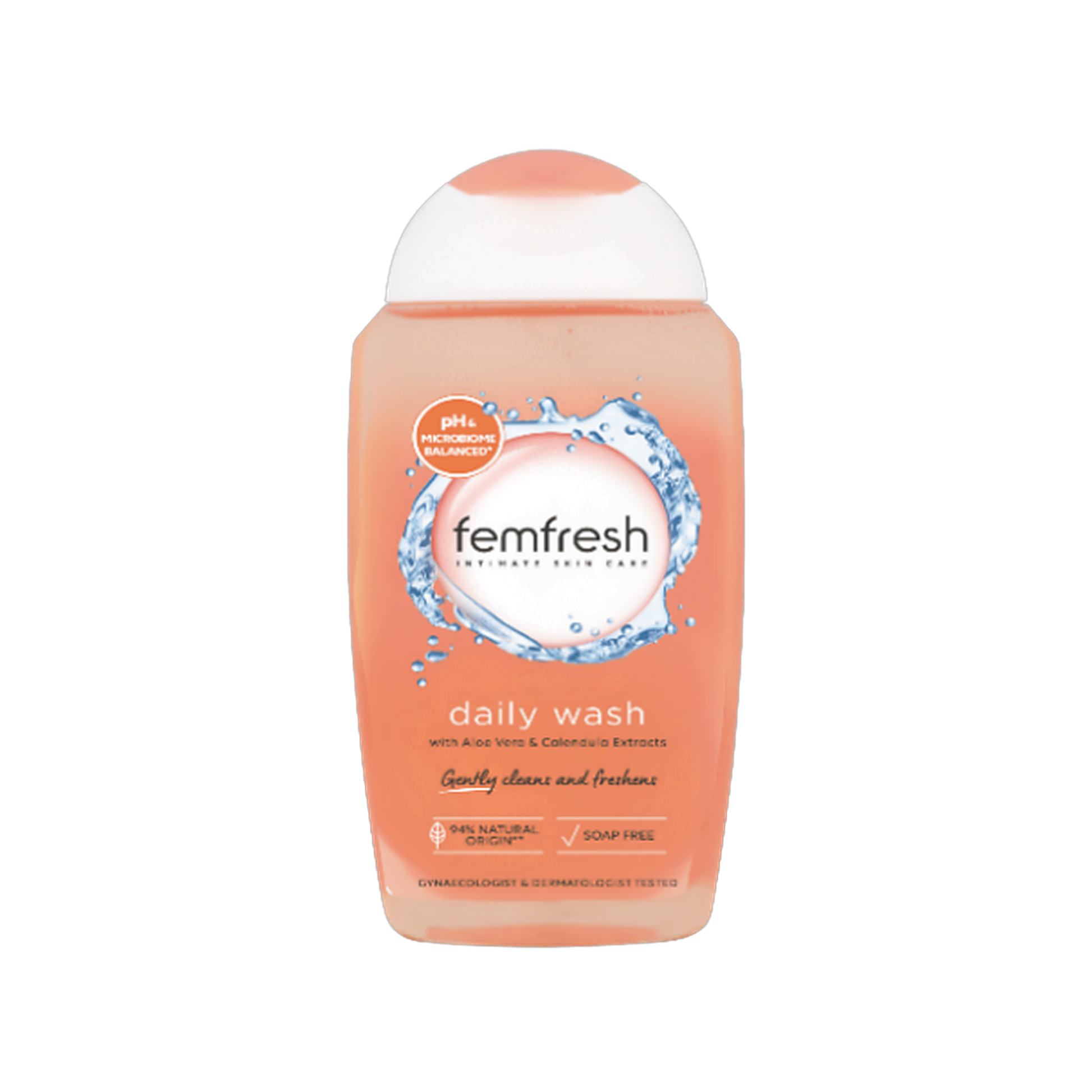 Femfresh Daily Intimate Wash bottle with aloe vera and calendula on transparent background