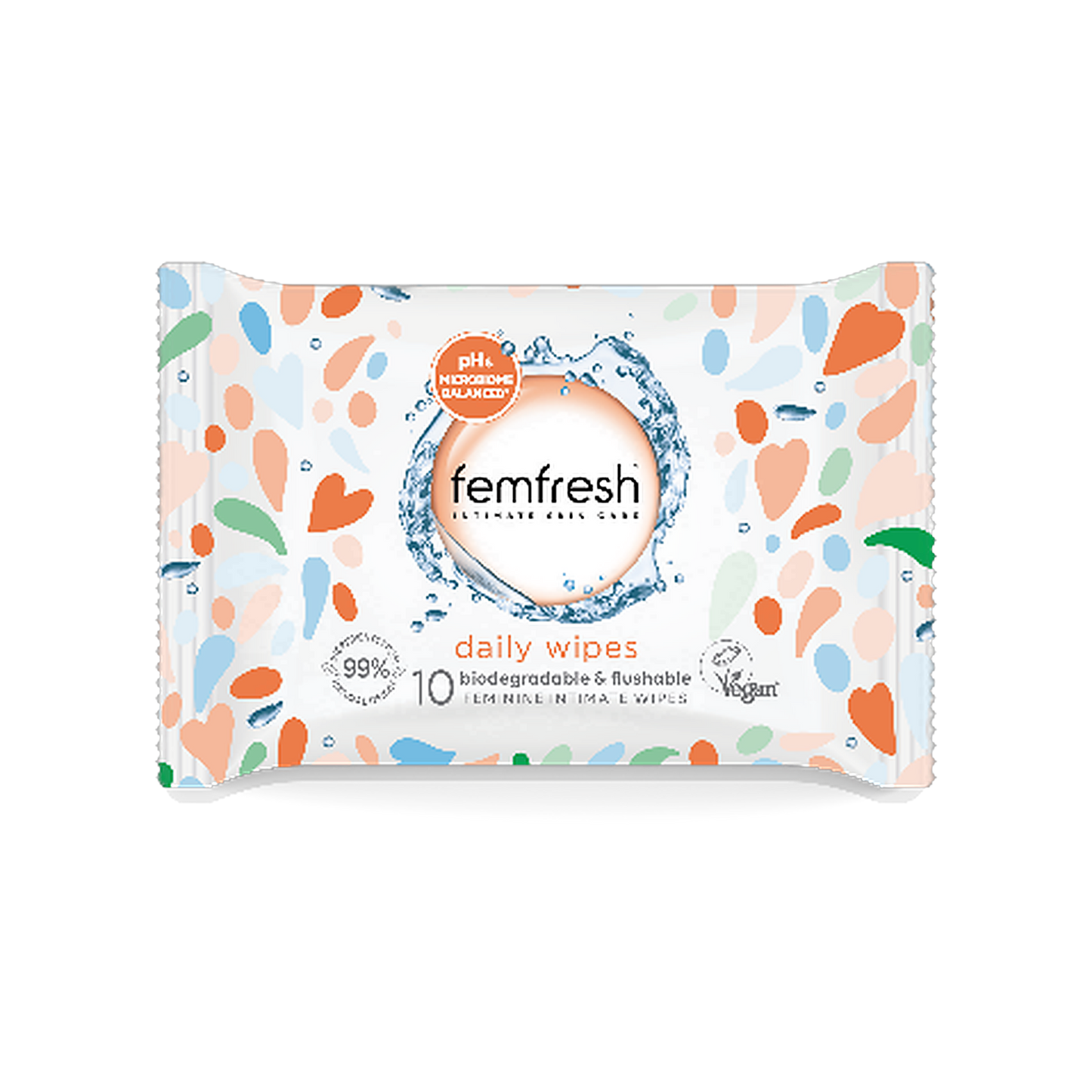 Femfresh Daily Wipes pack of biodegradable flushable intimate wipes on transparent background