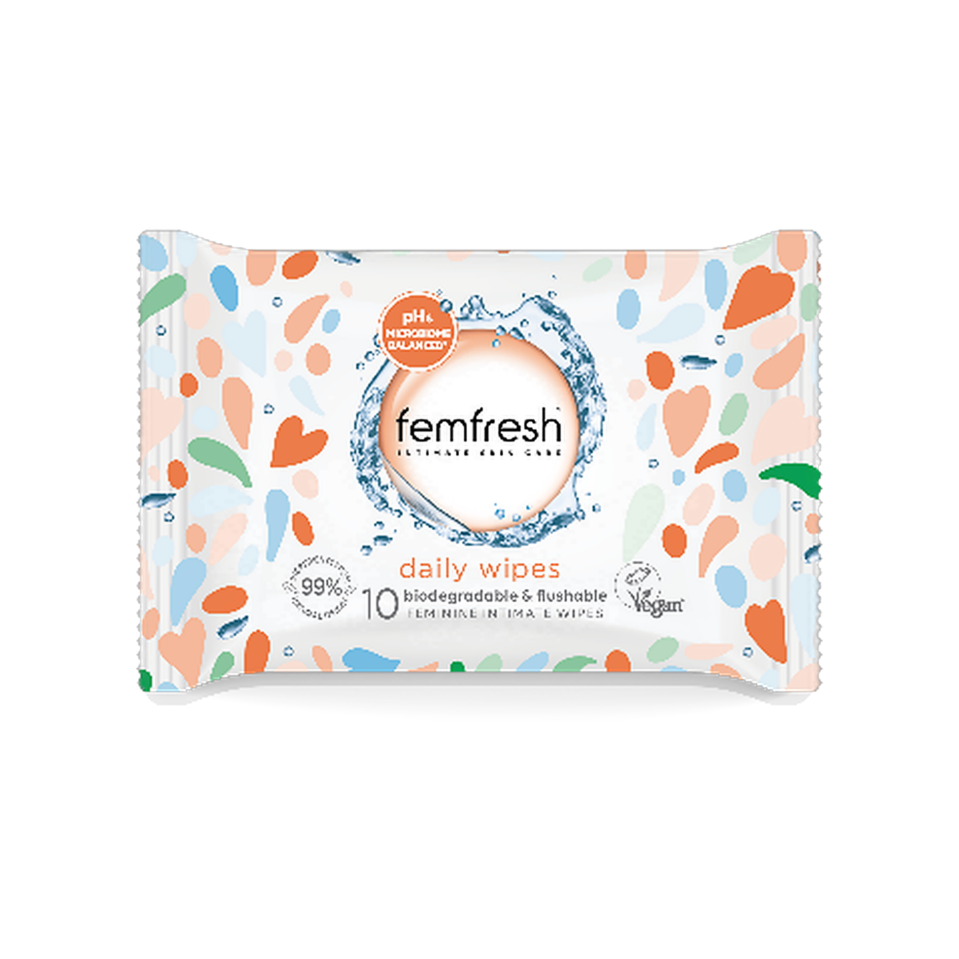 Femfresh Daily Wipes pack of biodegradable flushable intimate wipes on transparent background