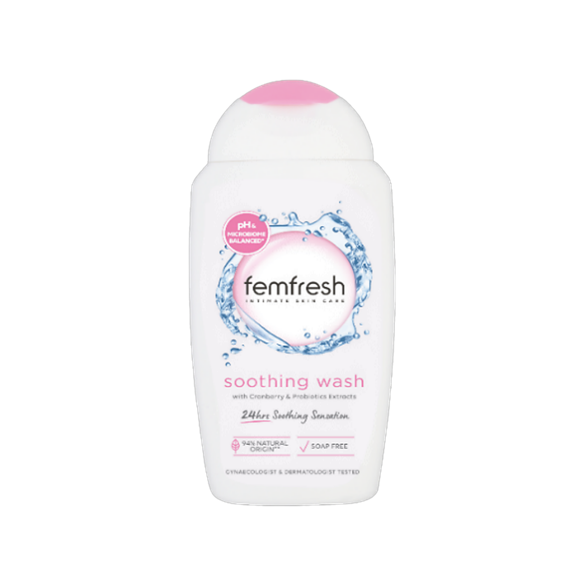 Femfresh Soothing Wash intimate wash bottle with cranberry and probiotics on transparent background