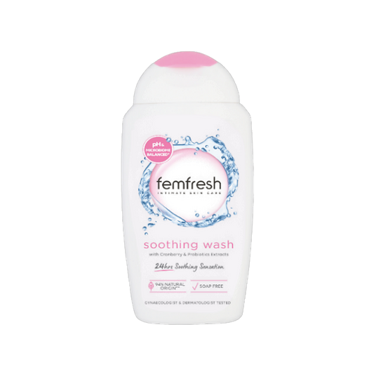 Femfresh Soothing Wash intimate wash bottle with cranberry and probiotics on transparent background