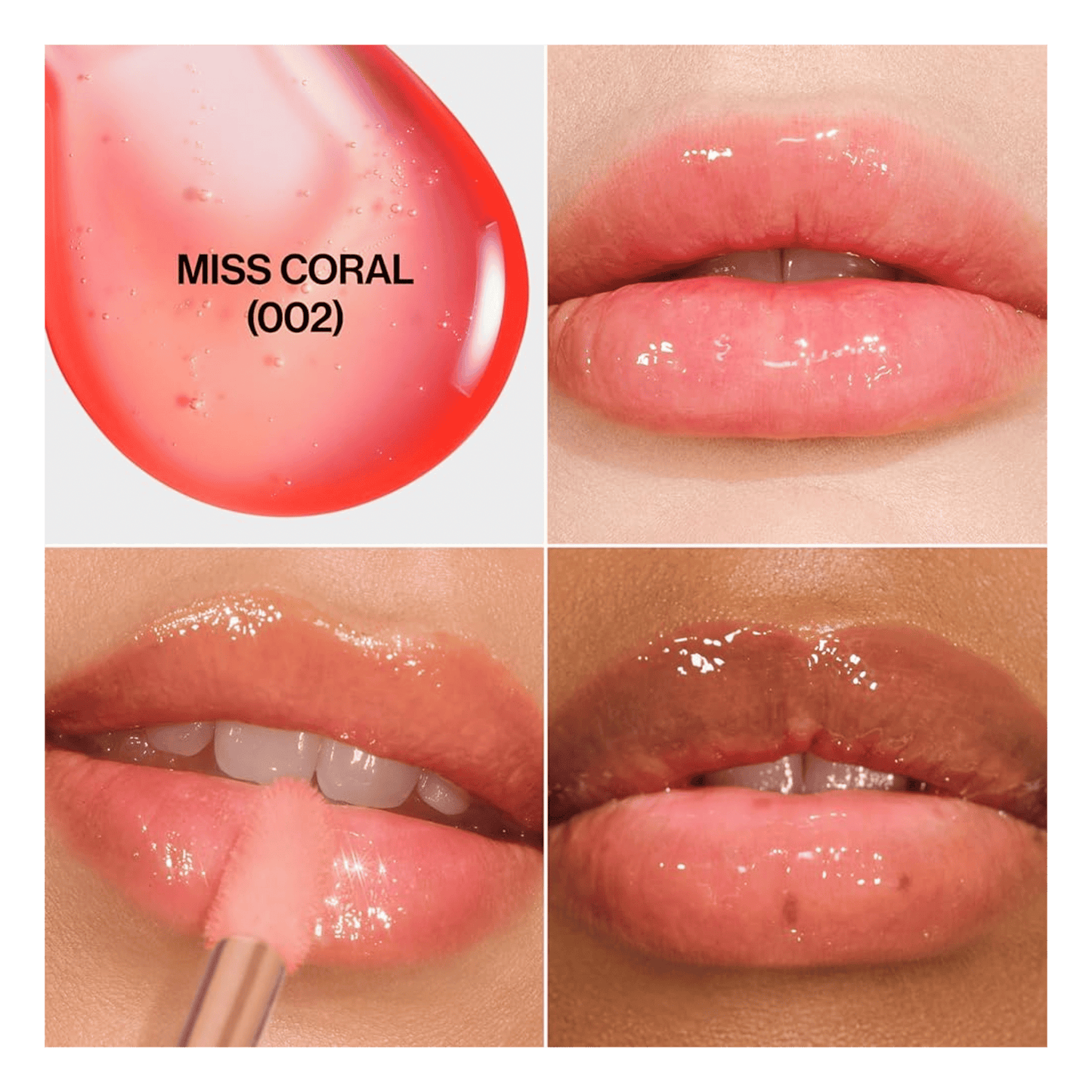 Lip gloss shade 'Miss Coral' (002) shown on lips 