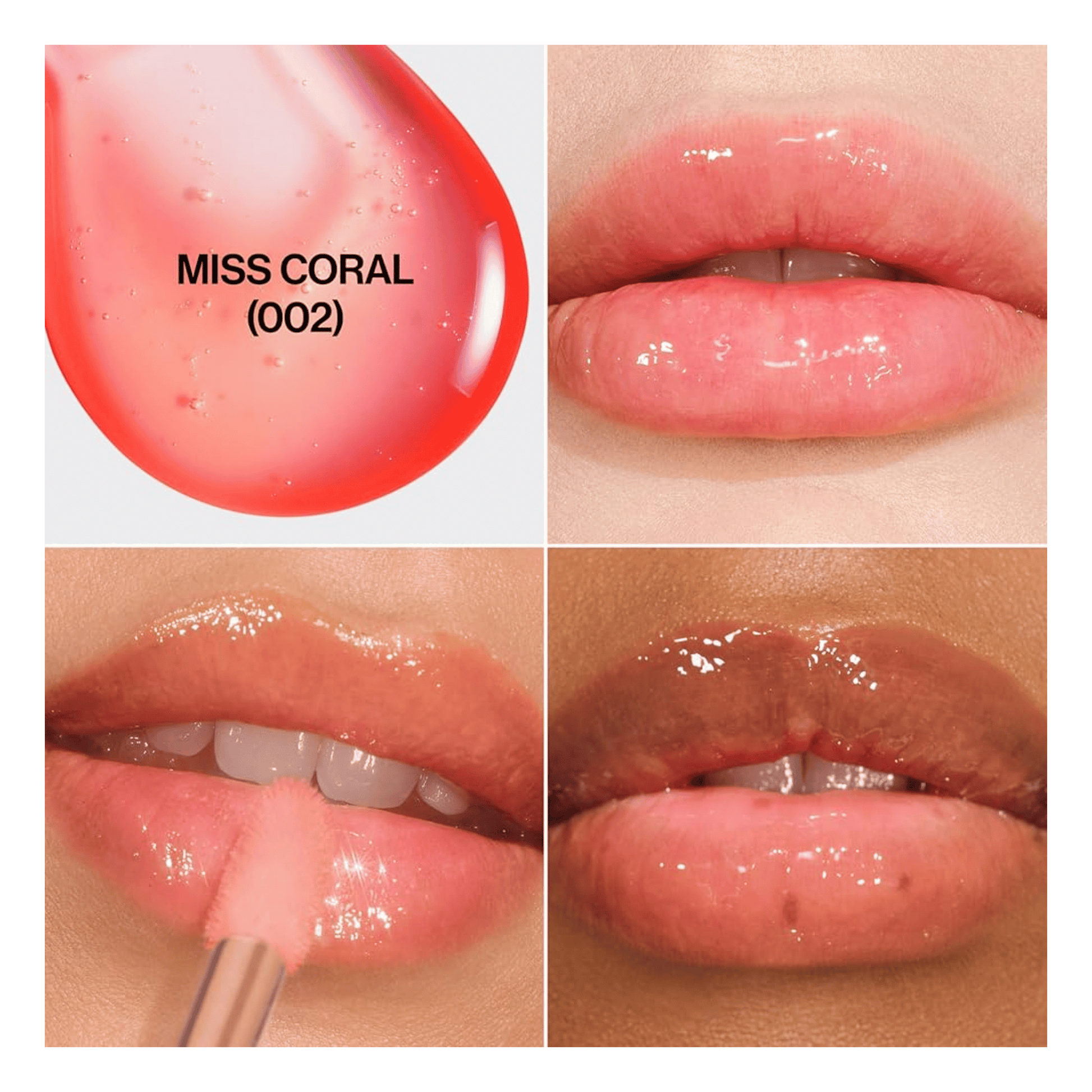 Lip gloss shade 'Miss Coral' (002) shown on lips 