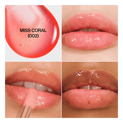 Lip gloss shade 'Miss Coral' (002) shown on lips 