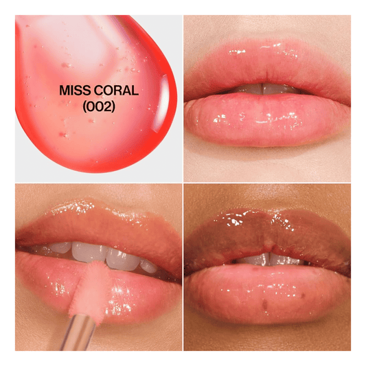 Lip gloss shade 'Miss Coral' (002) shown on lips 