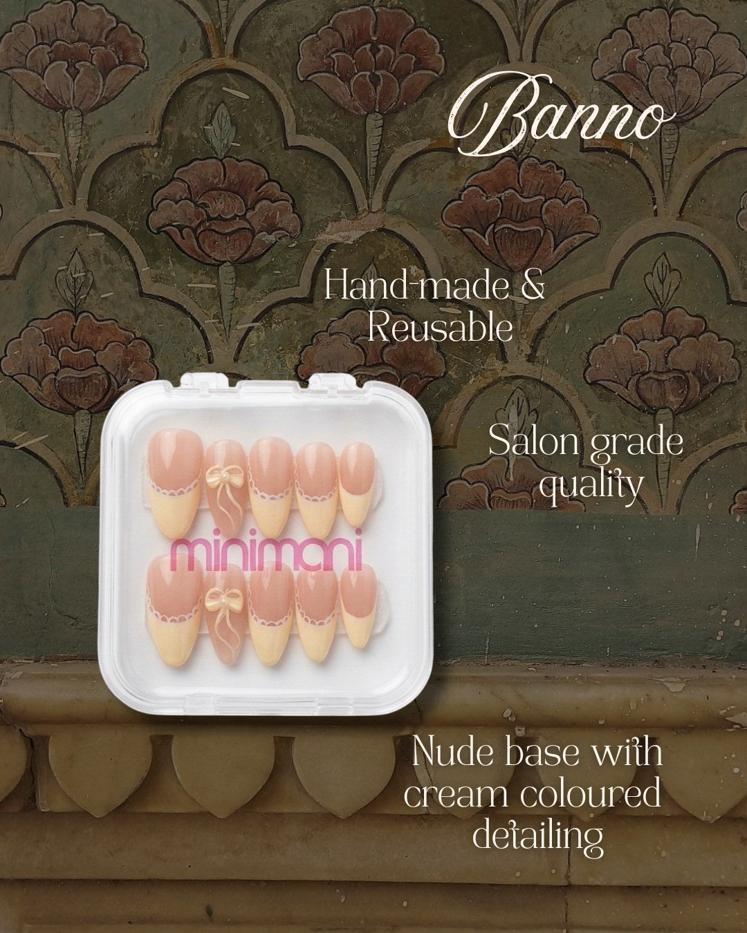 Minimani Banno press-on nails set, bow French tip almond