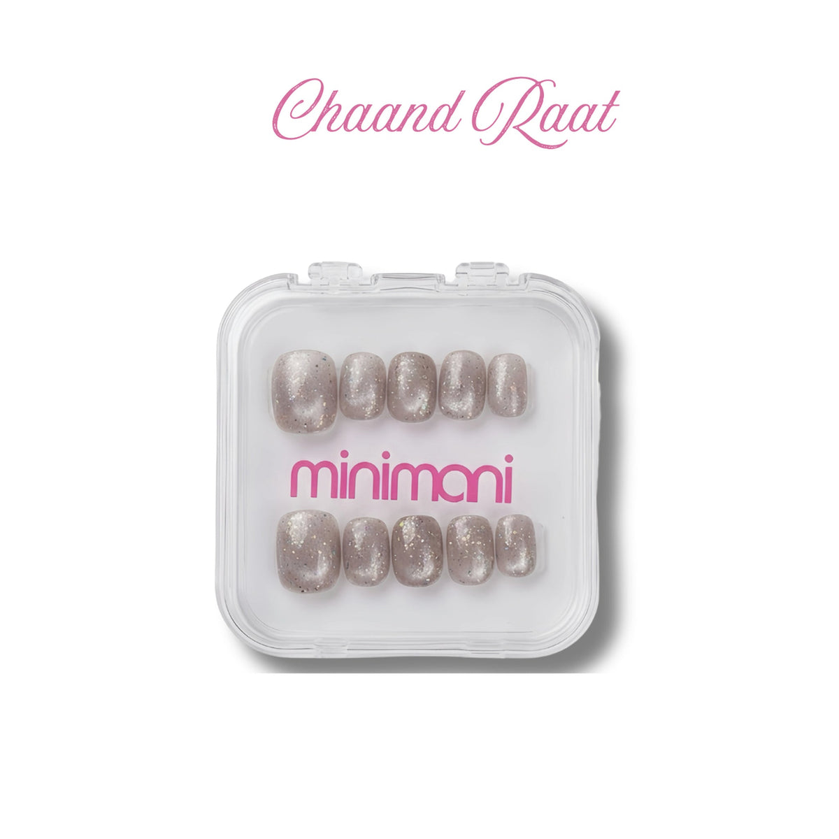 Minimani Chaand Raat press-on nail set, short silver cat-eye nails with holographic glitter